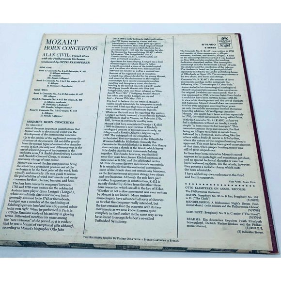 Mozart Horn Concertos Alan Civil Otto Klemperer Classical LP Angel Orchestra - Picture 6 of 7